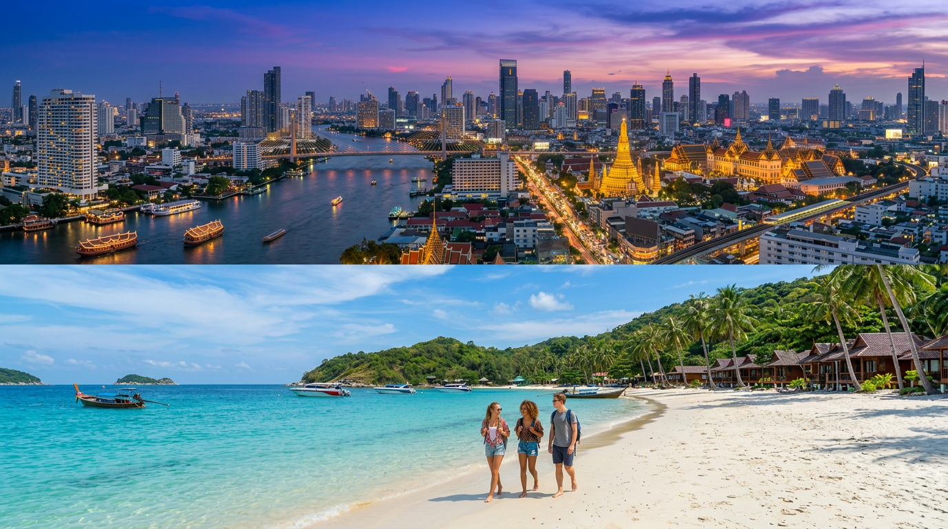 Bangkok city skyline lit at dusk over river and a tropical beach with two people walking barefoot on sand