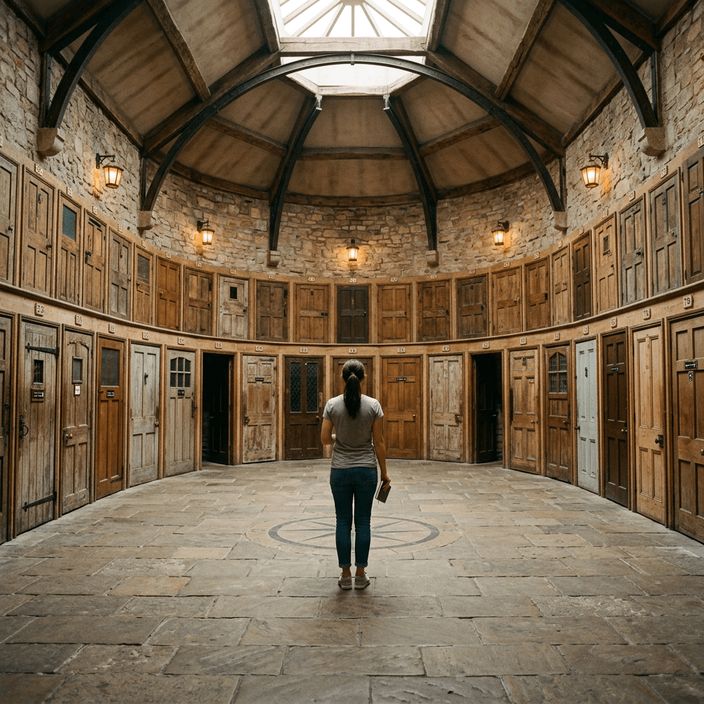 Person viewing numerous wooden doors arranged in a circular stone room with skylight